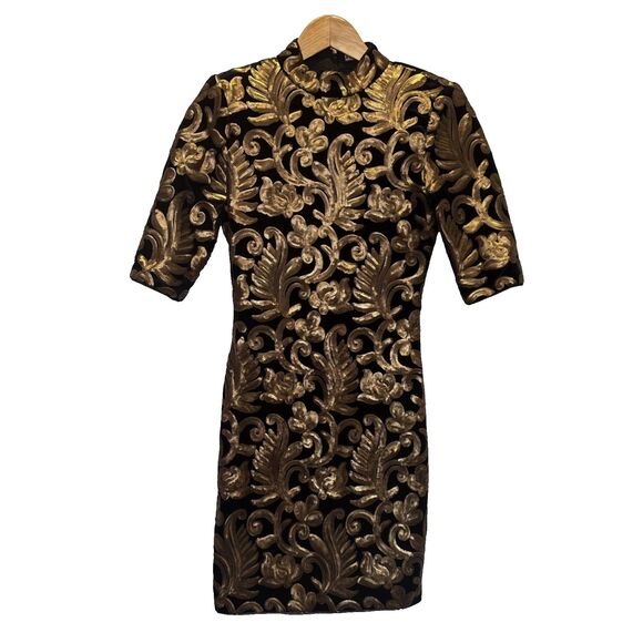 Alice + Olivia Inka Sequin Party Dress Black Velvet Gold Size 4 Party NYE - Picture 1 of 9